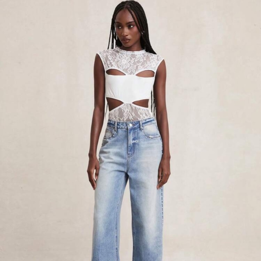 SPLICED LACE Bright White Cutout Floral Mesh Mock Neck Bodysuit - Picture 3 of 8